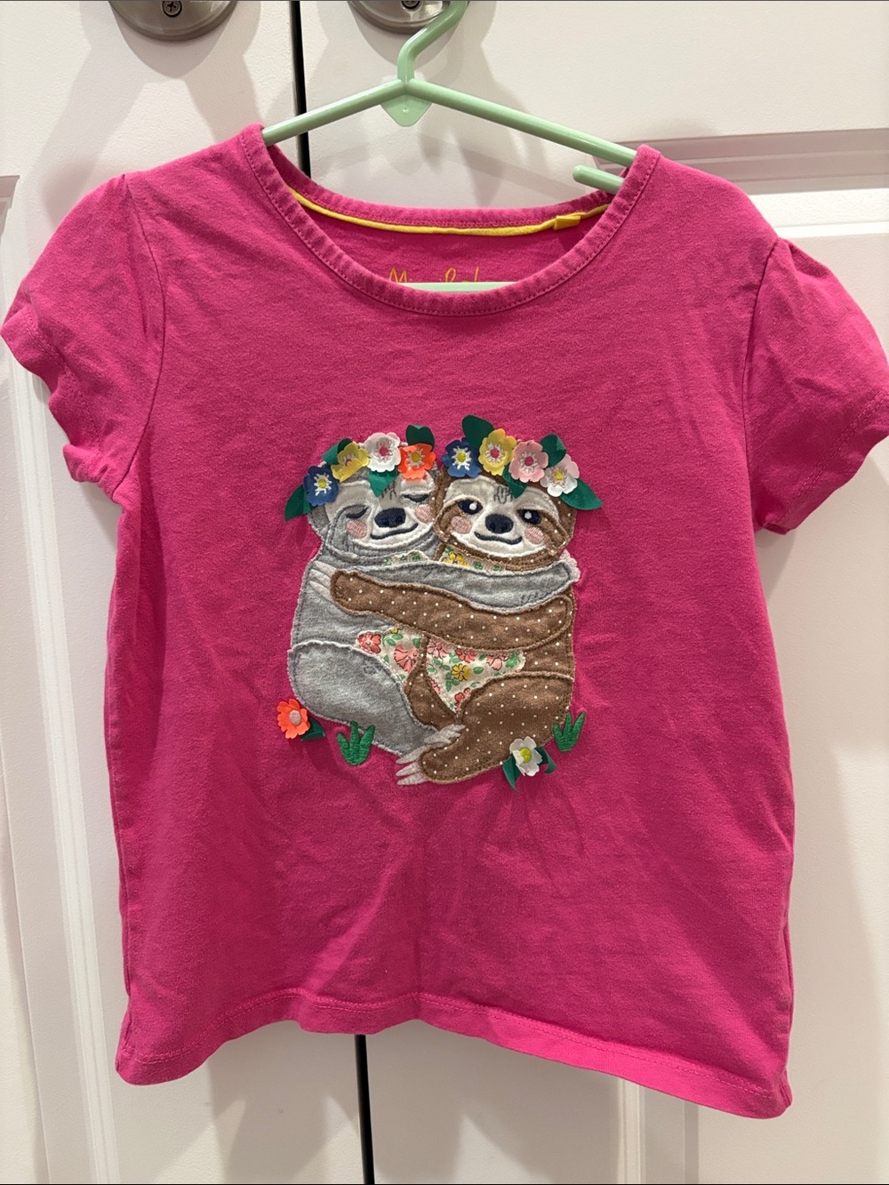 Mini Boden Hot Pink Short Sleeve Sloth Appliqué Tee